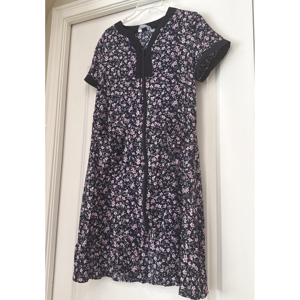 Yozly Womens Floral Zip Front House Dress Navy Pink Ditsy Print Lounger Small